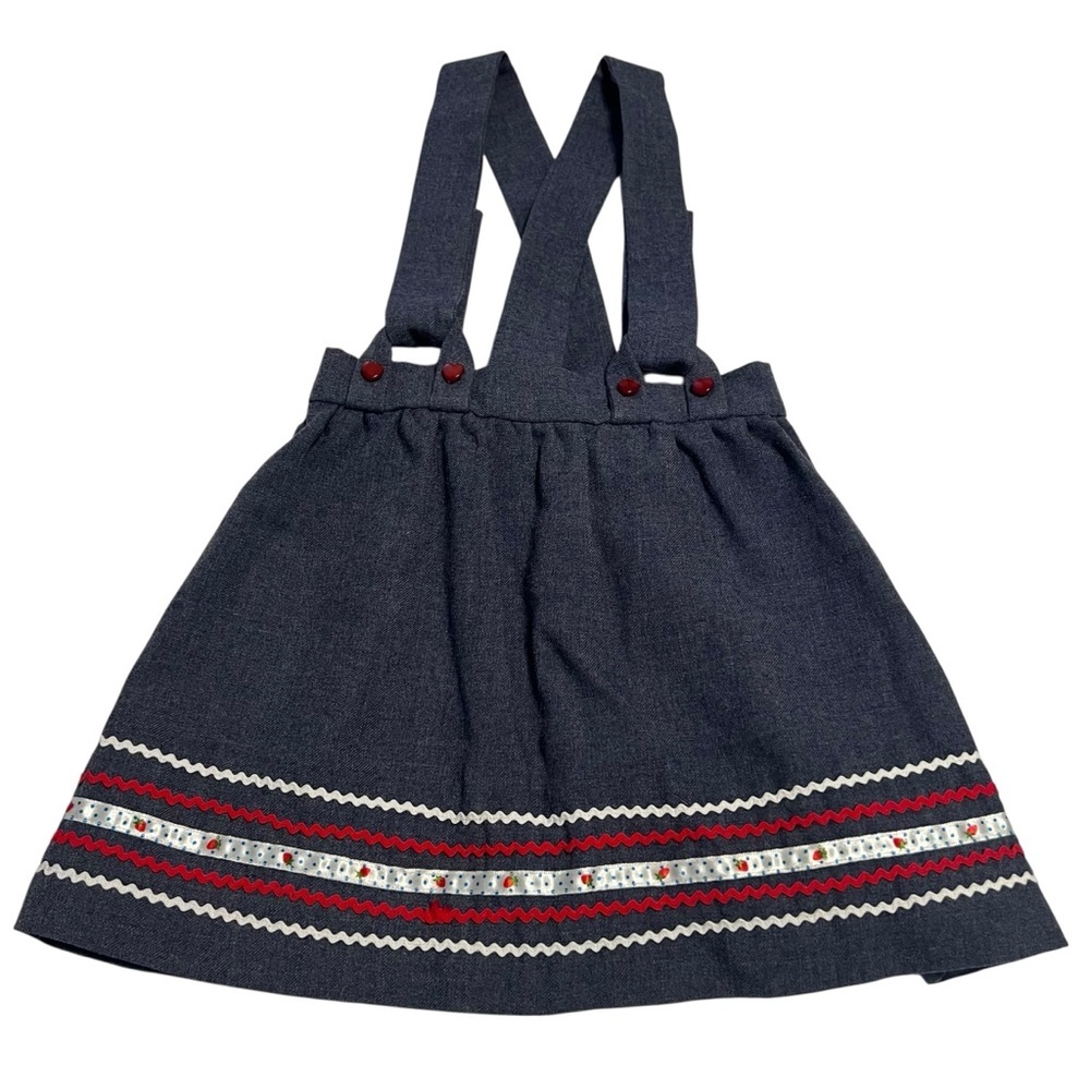 Vintage Girls Denim Suspender Skirt Strawberry Trim Heart Buttons - Picture 1 of 5